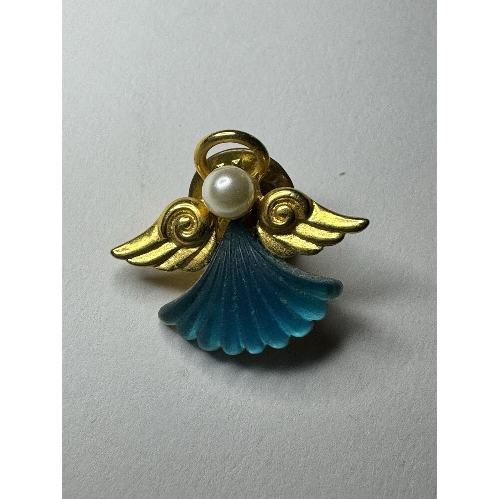 Vintage Robyn Rush RR Angel Brooch Blue Translucent Faux Pearl Gold Tone Signed